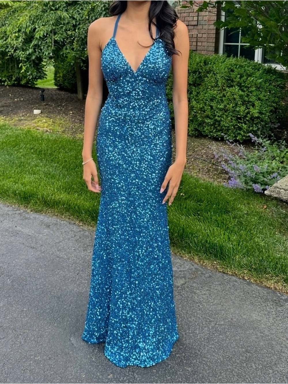 Turquoise Sequin Halter Evening Gown - Elegant Sparkle